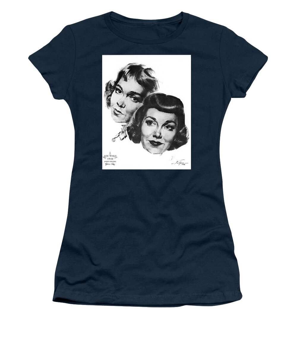 Jane Wyman Women's T-Shirt featuring the drawing Jane Wyman by Volpe by Movie World Posters