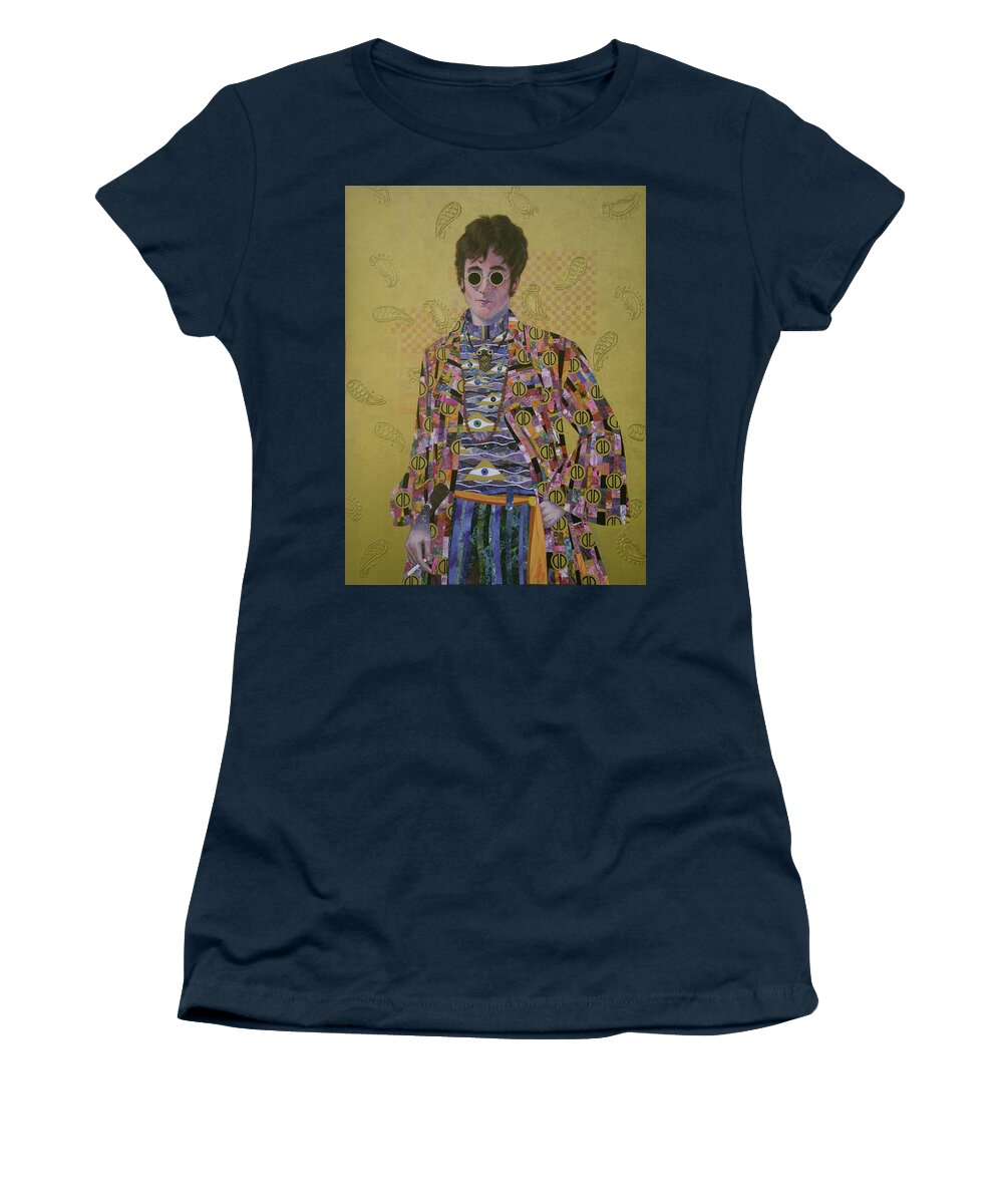 John Lennon Women's T-Shirt featuring the painting John Lennon and the Amazing Psychedelic Klimt Coat by Marguerite Chadwick-Juner