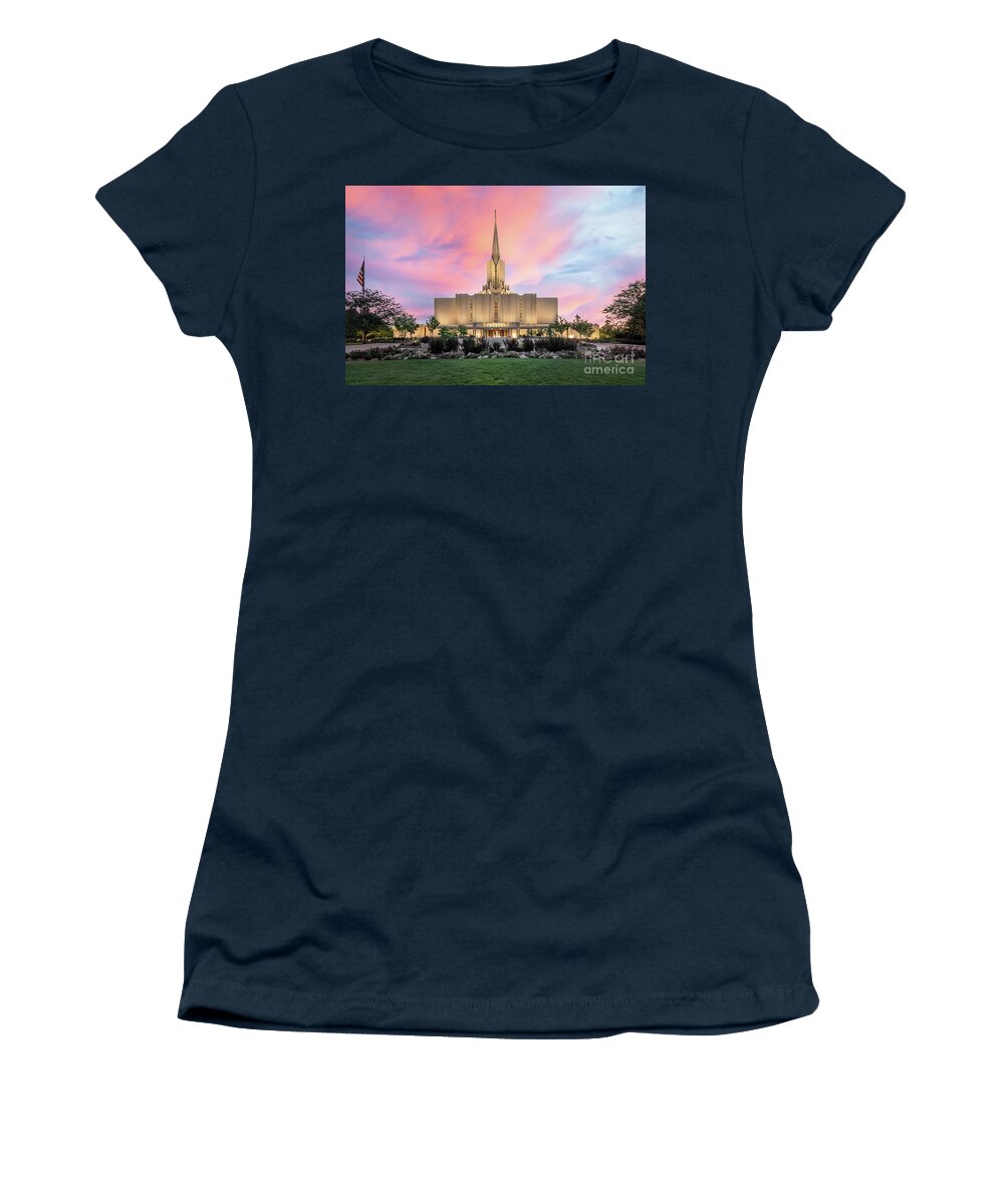 Jordan Women's T-Shirt featuring the photograph Jordan River Temple - Summer Sunset by Bret Barton