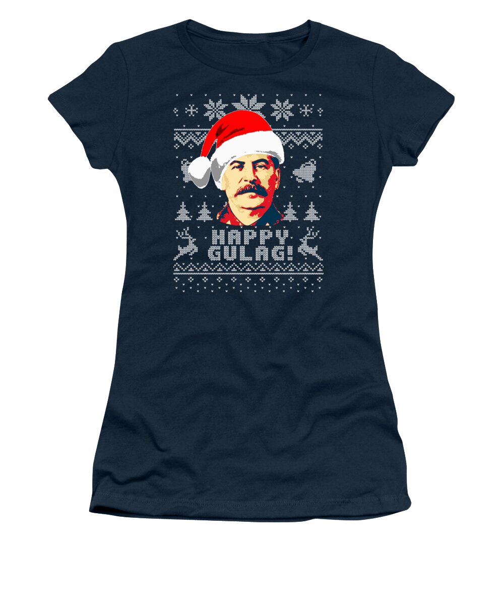 Santa Women's T-Shirt featuring the digital art Joseph Stalin Happy Gulag Christmas by Megan Miller