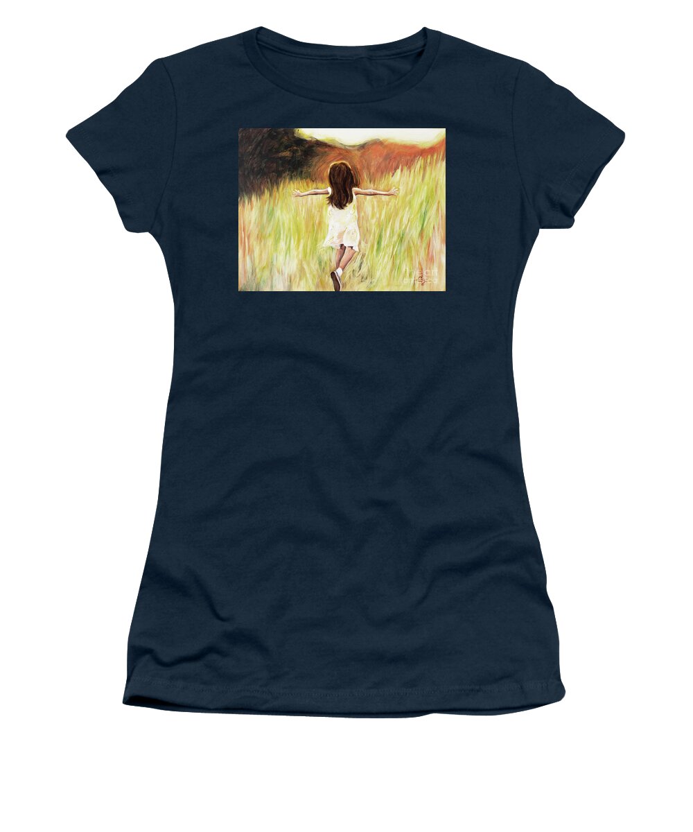 Joy Girl Running Field Sunshine Happy Joyful Peaceful Daughter Free Women's T-Shirt featuring the painting Joy by Pamela Schwartz