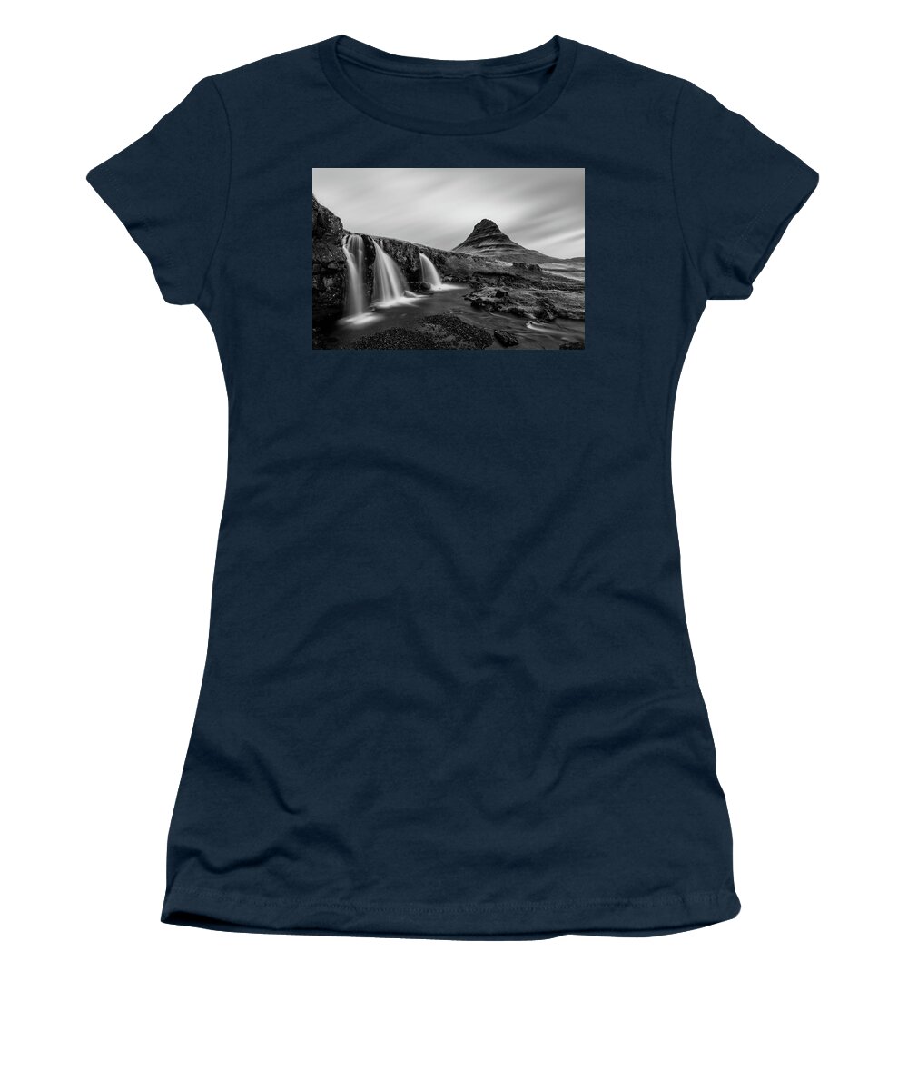 Kirkjufell Women's T-Shirt featuring the photograph Kirkjufell Mountain and Kirkjufellsfoss Waterfall in Iceland in Black and White by Alexios Ntounas