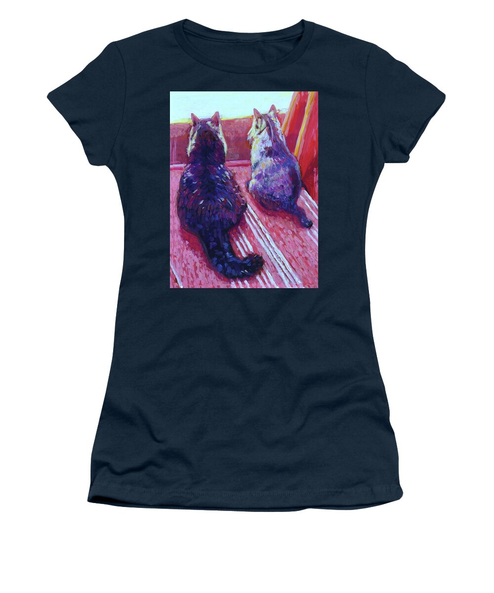 Cats Women's T-Shirt featuring the painting Bobcat and Friend birdwatching by Thomas Bertram POOLE