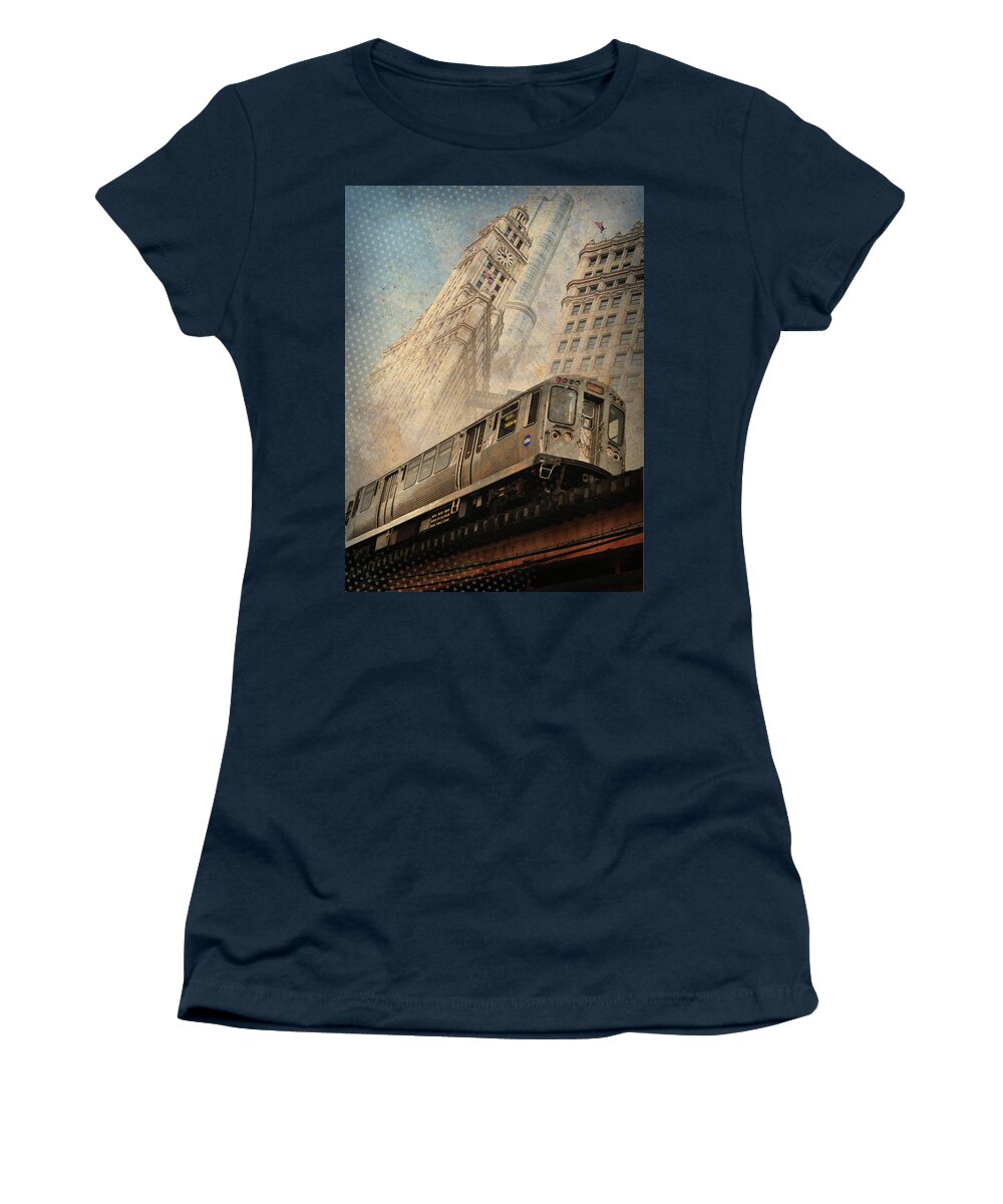 Elevated Train Women's T-Shirt featuring the photograph L Train Chicago Abstraction - Chicago, Illinois by Denise Strahm