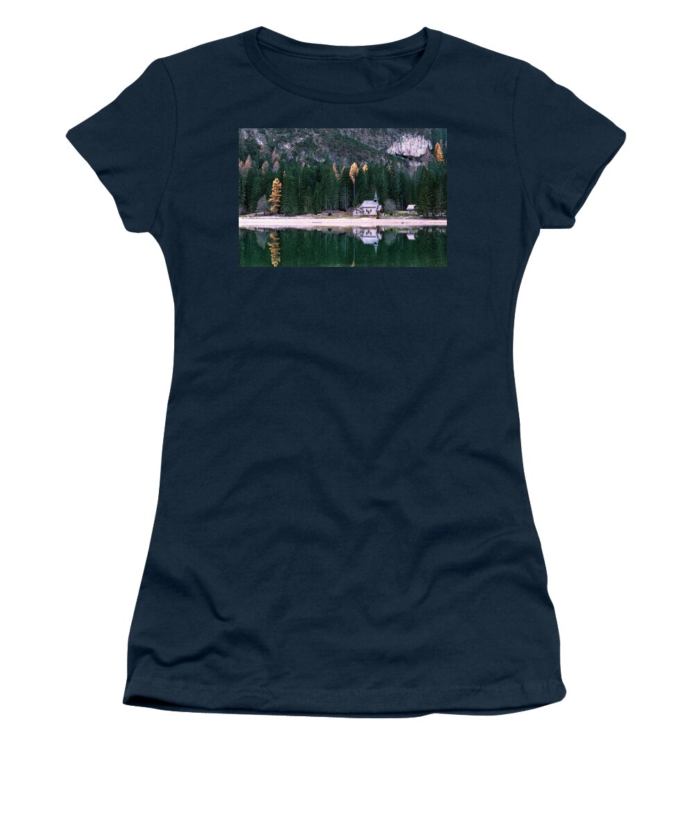 Lago Di Braies Women's T-Shirt featuring the photograph La cappella di lago Braies by Elias Pentikis