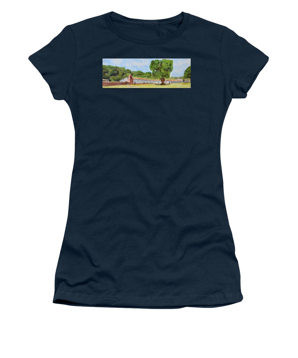 California Women's T-Shirt featuring the painting La Purisima Mission Panorama - Watercolor by Claudette Carlton