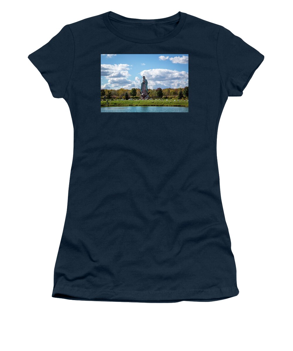 Lake Hope Women's T-Shirt featuring the photograph Lake Hope With Statue of Mary by Dale Kincaid