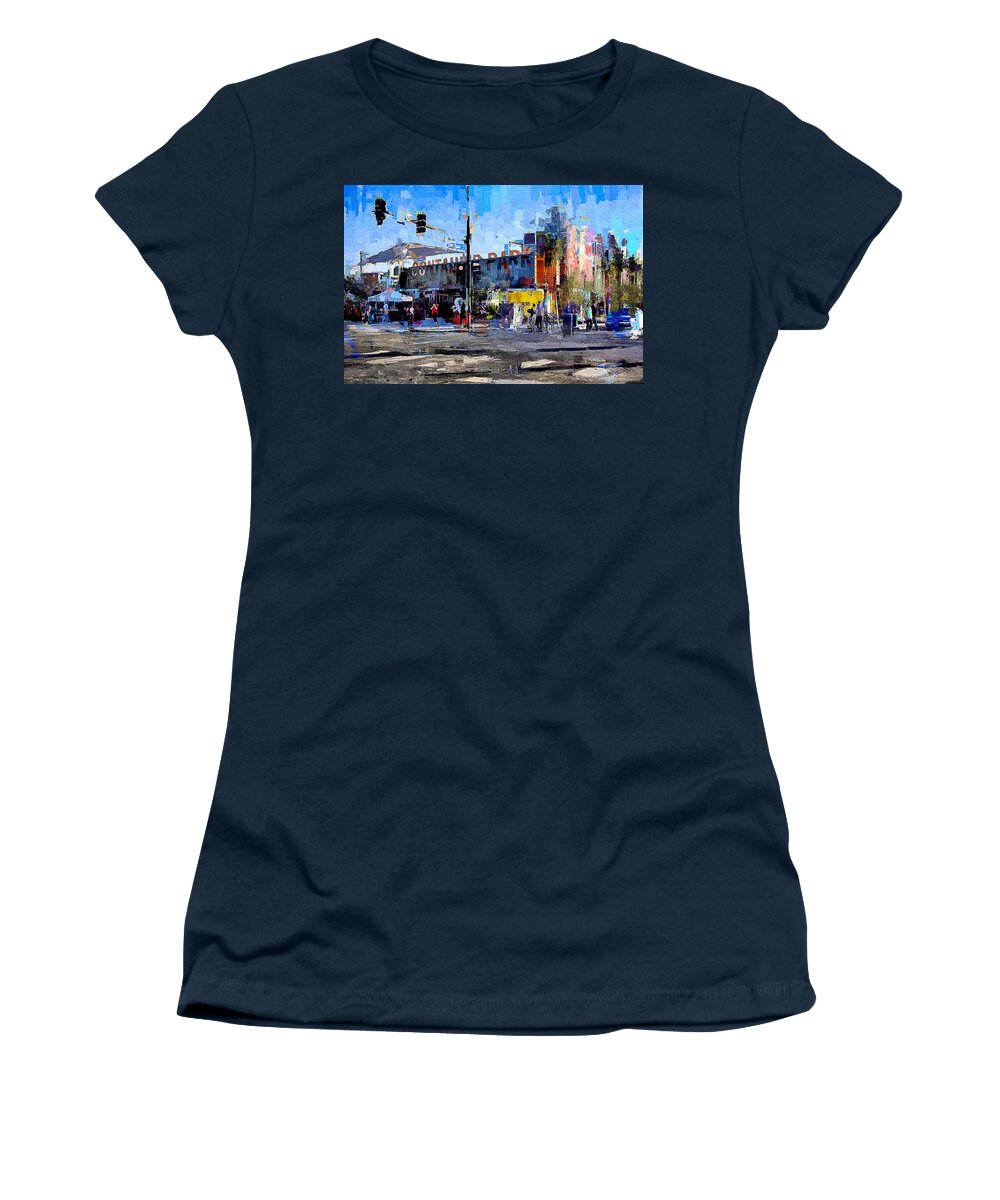 Las Vegas Women's T-Shirt featuring the mixed media Las Vegas Downtown Container Park - painting by Tatiana Travelways