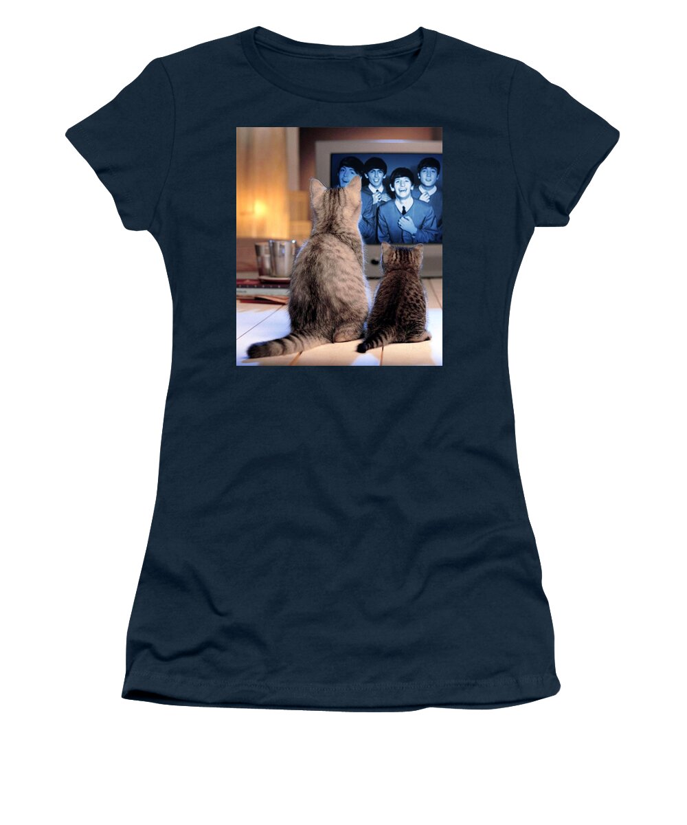 Cats Women's T-Shirt featuring the mixed media Lazy Cat Afternoon With The Beatles by Teresa Trotter