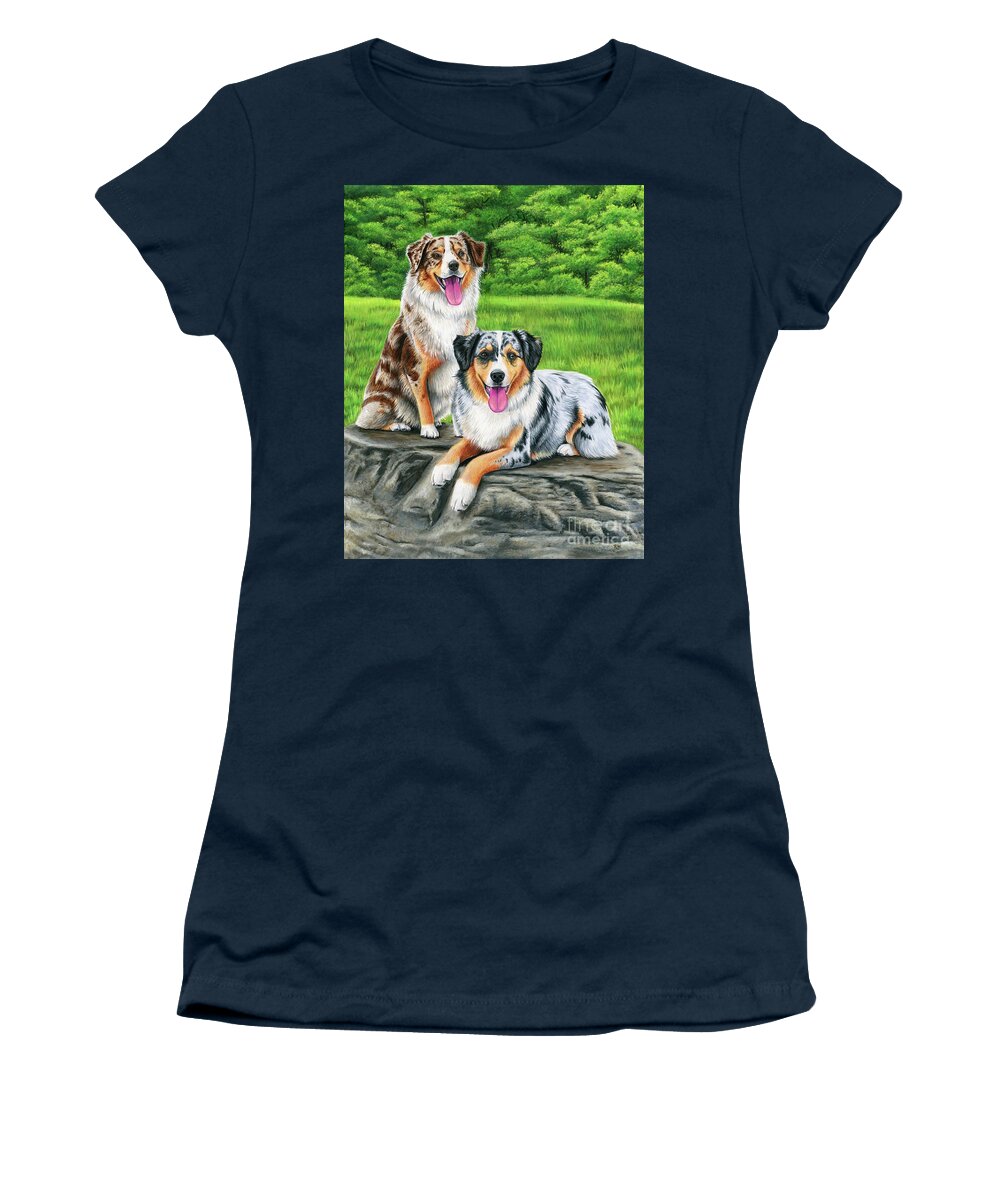 Australian Shepherd Women's T-Shirt featuring the painting Lego and Drew by Rebecca Wang