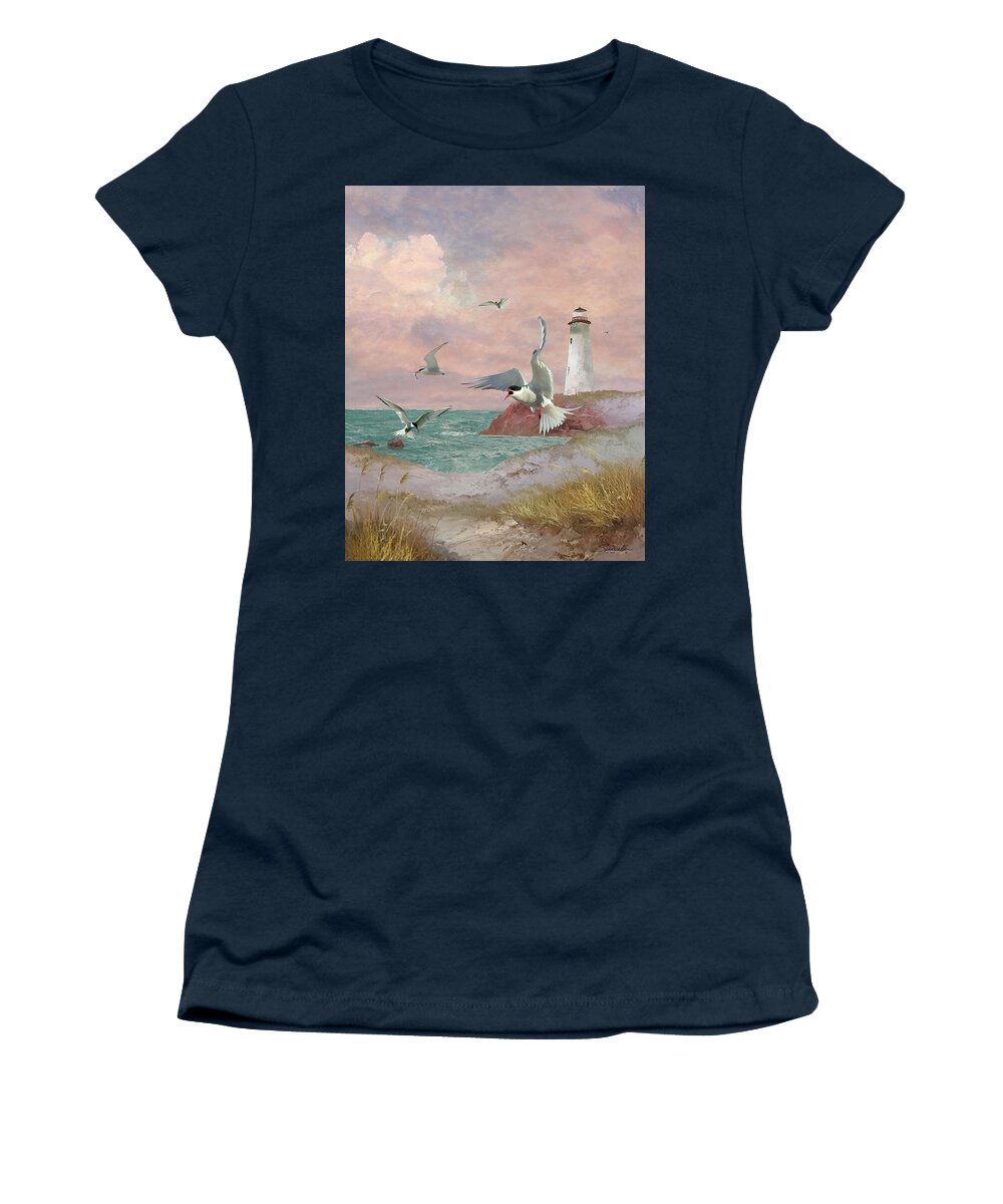 Lighthouse Women's T-Shirt featuring the digital art Lighthouse and Terns by M Spadecaller