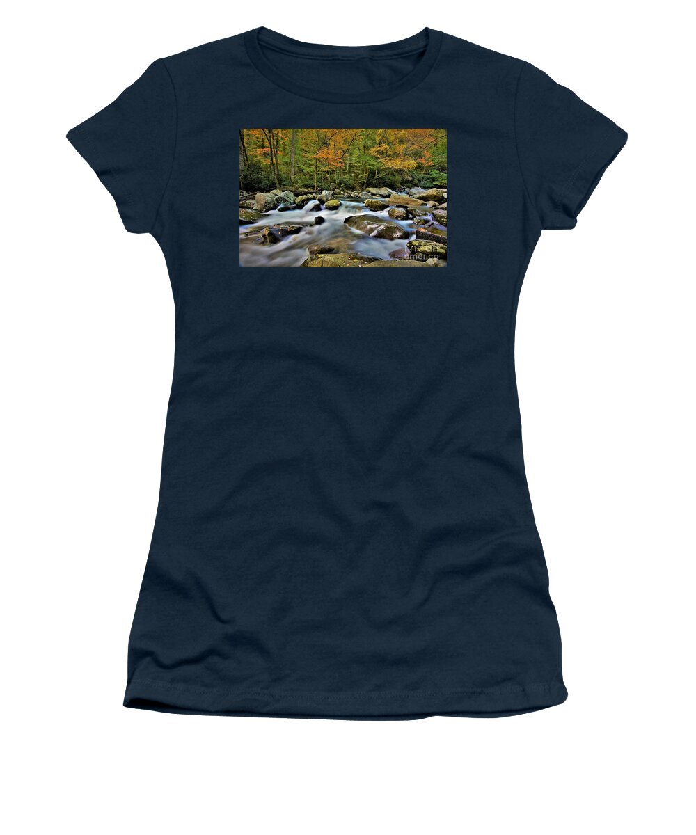 Chimneys Picnic Area Women's T-Shirt featuring the photograph Little Pigeon River-Chimney Tops 2 by Dennis Nelson