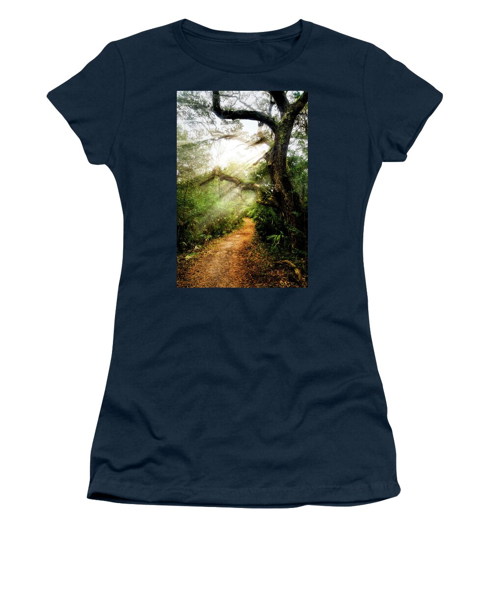 Clouds Women's T-Shirt featuring the photograph Little Talbot Island Sunlit Trail by Debra and Dave Vanderlaan