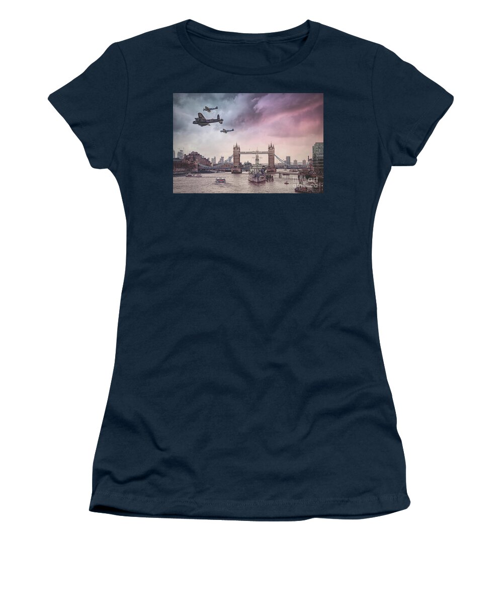 London Lancaster Bomber Women's T-Shirt featuring the photograph London Lancaster Flyby by Alison Chambers