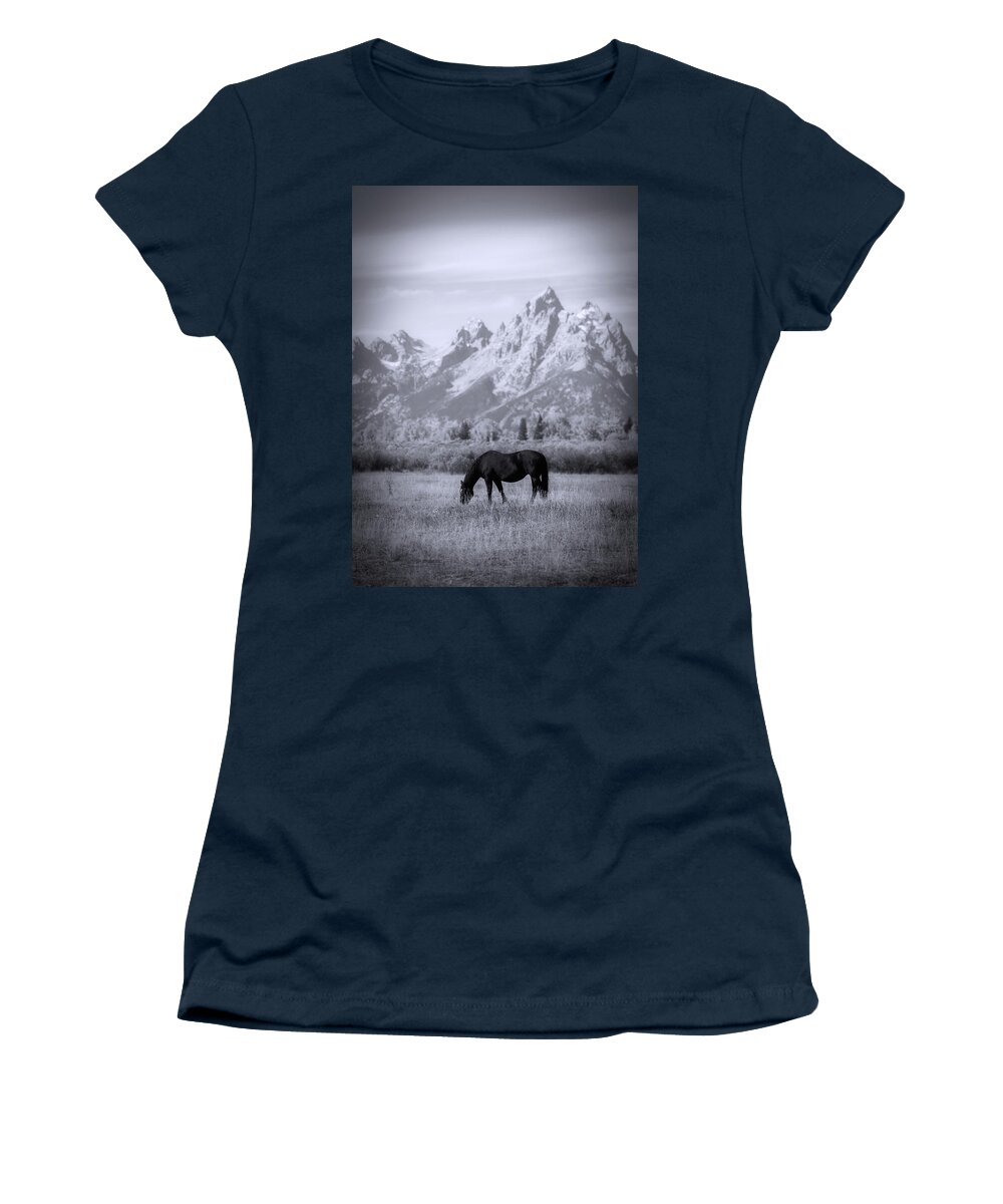 Grand Teton Horse Black And White Women's T-Shirt featuring the photograph Lone Horse In Mountains Black And White by Dan Sproul
