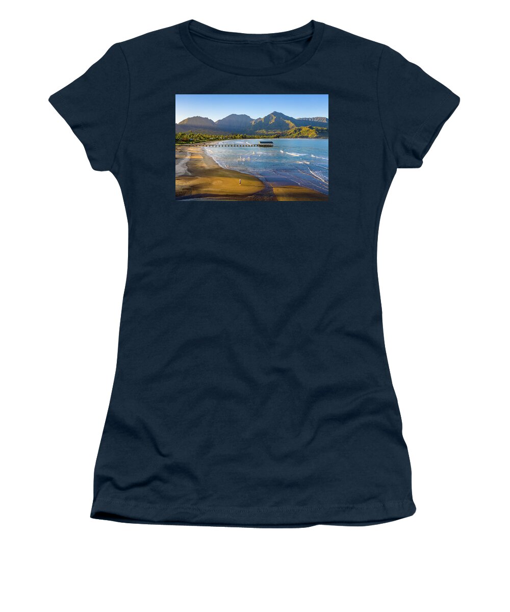 Aerial Women's T-Shirt featuring the photograph Lone man on the sand of Hanalei beach on the nor by Steven Heap