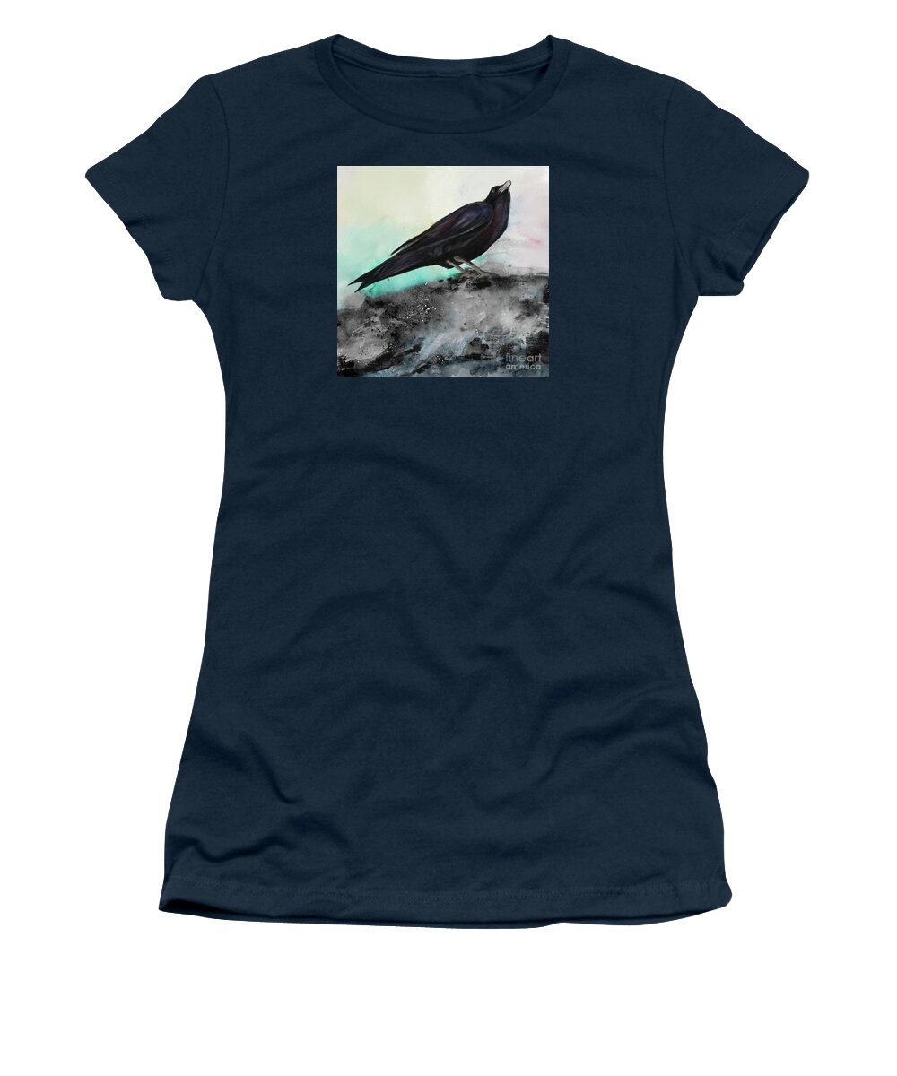 Raven Women's T-Shirt featuring the painting Lone Raven by Stella Levi