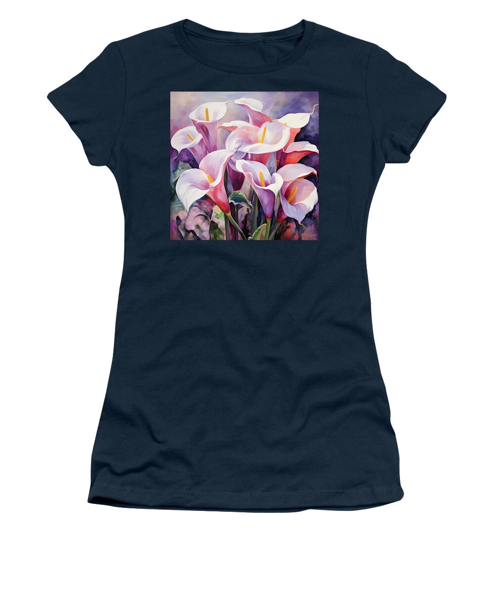 Blue Calla Lily Women's T-Shirt featuring the painting Lonesome And Blue- Blue Calla Lily Paintings by Lourry Legarde