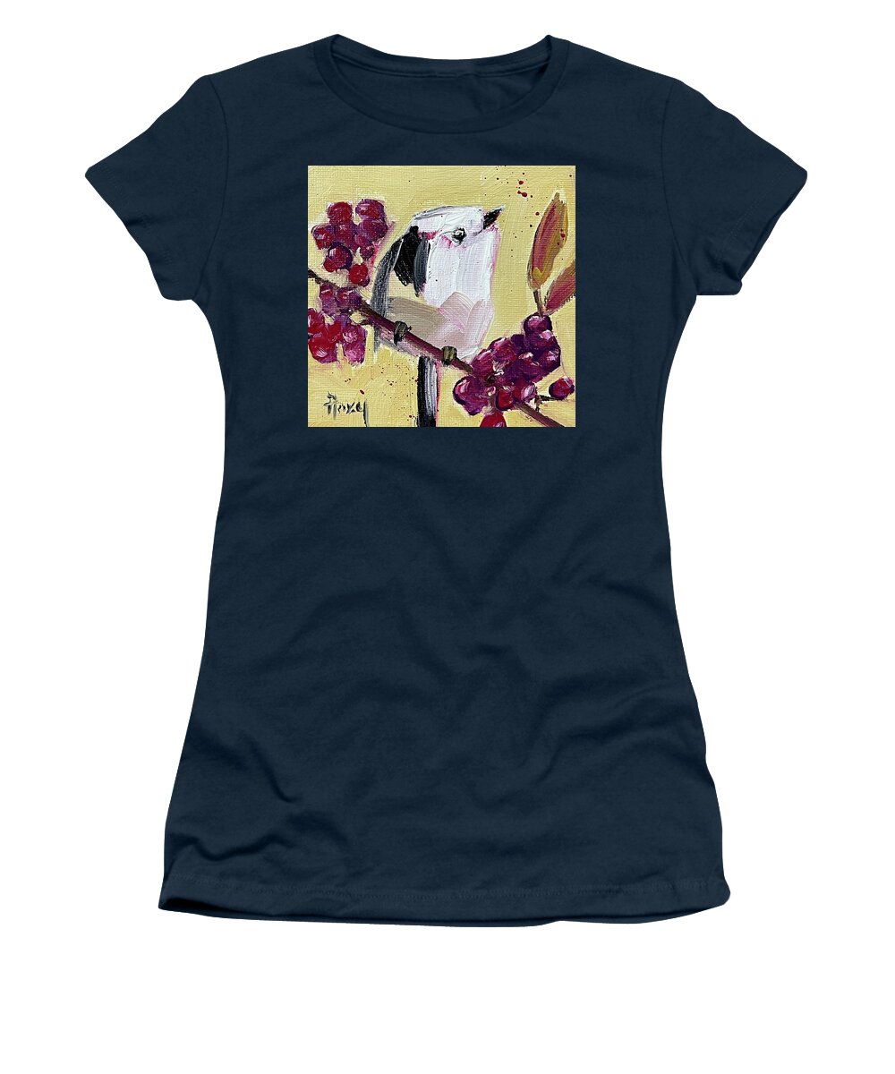 Tit Women's T-Shirt featuring the painting Long Tailed Tit with Berries by Roxy Rich