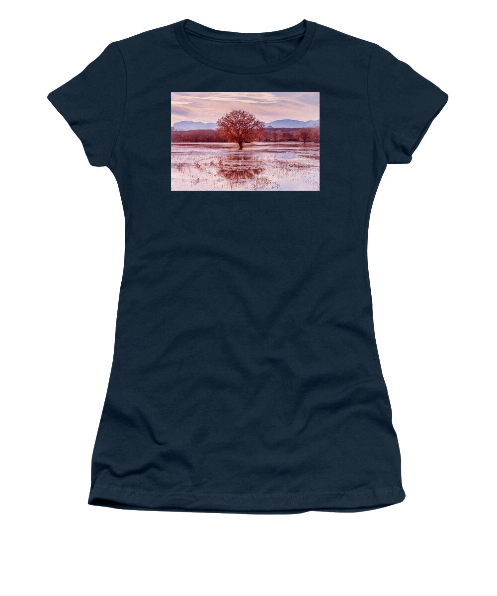 Pink Women's T-Shirt featuring the photograph Looking at the Bosque through Rose Colored Eyes by Mary Lee Dereske