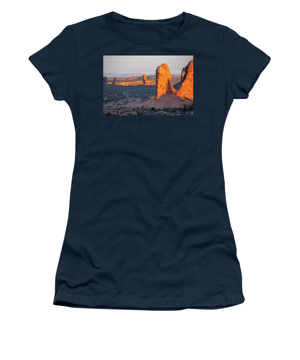 Arches Women's T-Shirt featuring the photograph Looking down on Arches National Park in Moab Utah by Toby McGuire