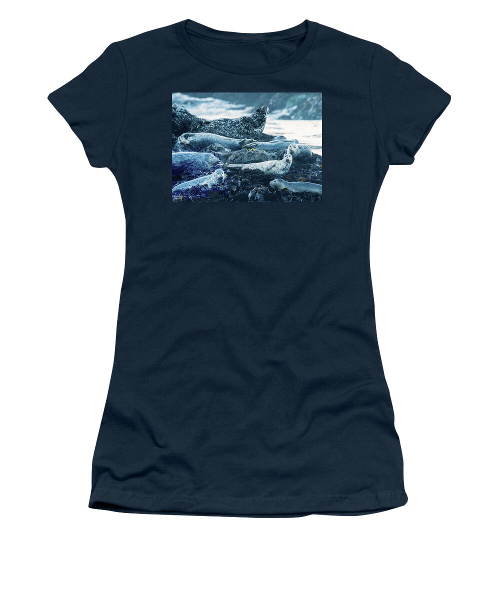 Seals Women's T-Shirt featuring the photograph Lounging Seal Family by Jaki Miller