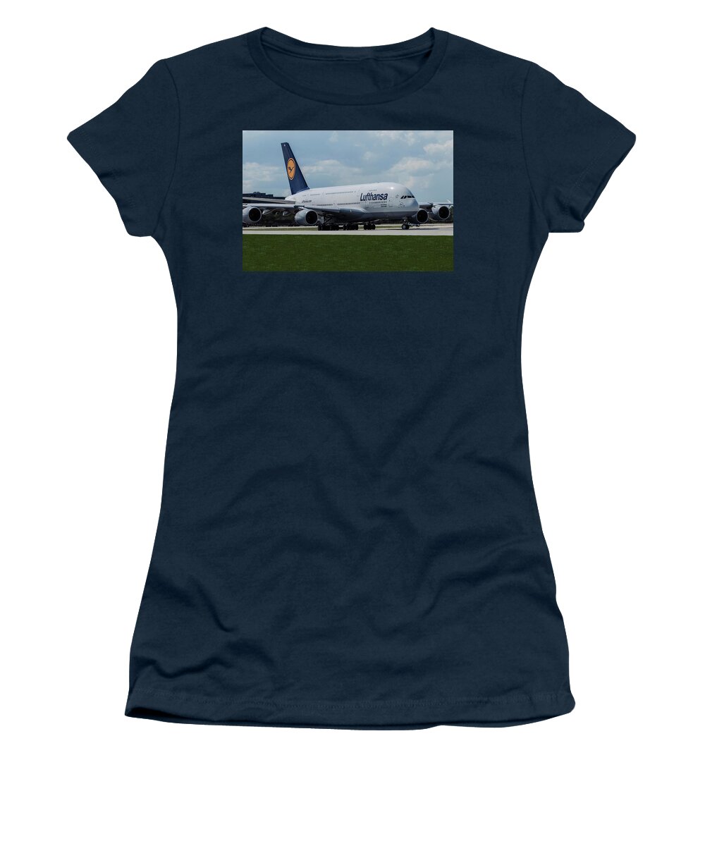 Lufthansa Airlines Women's T-Shirt featuring the photograph Lufthansa Airbus A380 at Miami International by Erik Simonsen