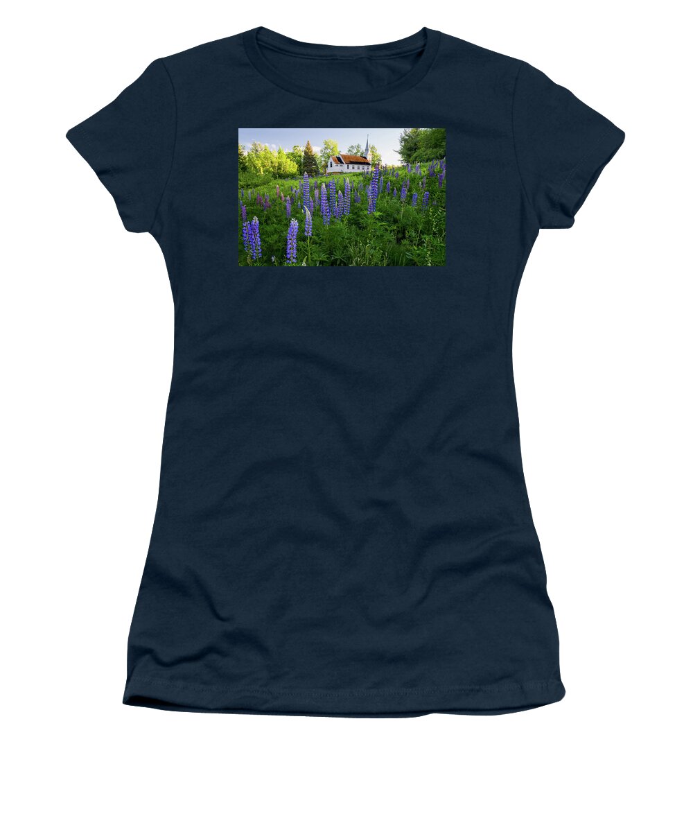 Lupine Women's T-Shirt featuring the photograph Lupines by Saint Matthew's Chapel in Sugar Hill, New Hampshire I by William Dickman