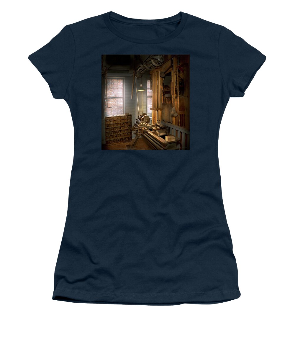 Machinist Women's T-Shirt featuring the photograph Machinist - Carriage Workshop Lathe by Mike Savad