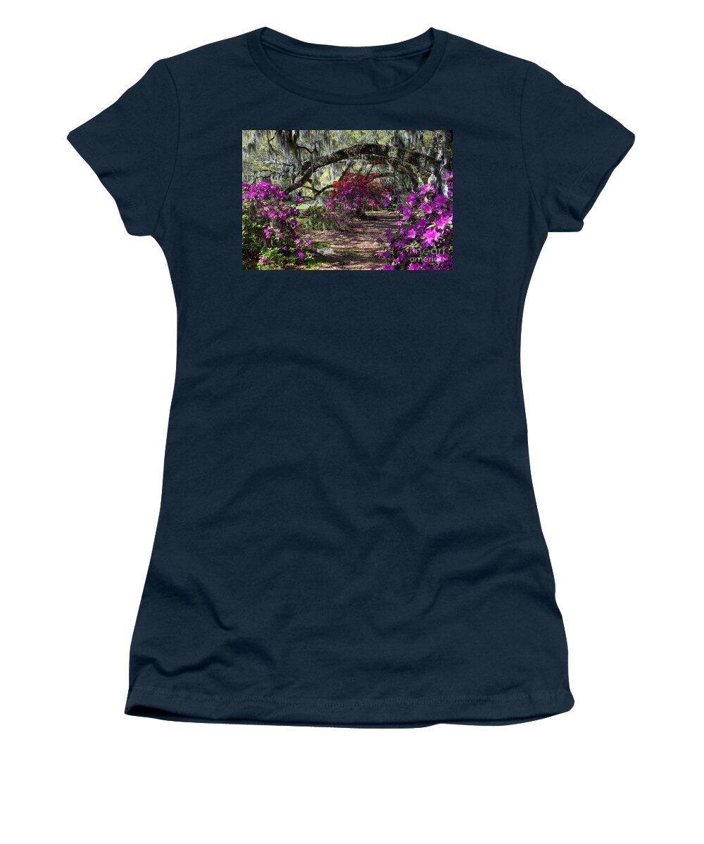 Magnolia Plantation Women's T-Shirt featuring the photograph Magnolia Plantation Path under the Oaks - Charleston South Carolina by Dale Powell