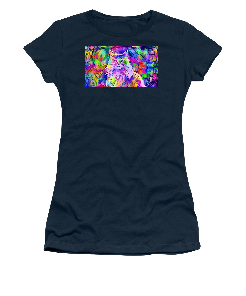 Maine Coon Women's T-Shirt featuring the digital art Maine Coon cat looking at camera - colorful lines digital painting by Nicko Prints