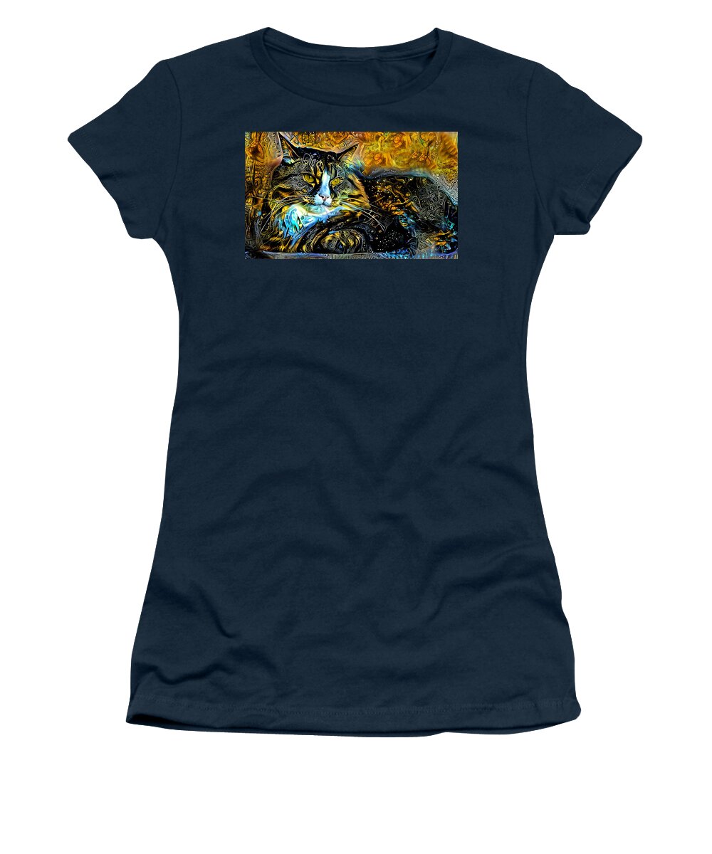 Maine Coon Women's T-Shirt featuring the digital art Maine Coon cat lying down - golden night design by Nicko Prints