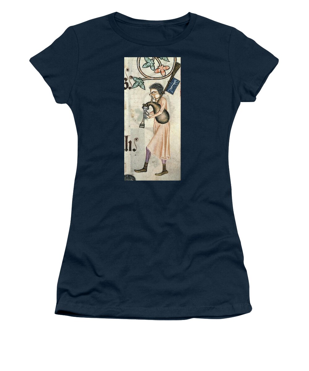 Bagpipes Women's T-Shirt featuring the painting Man playing bagpipes from the Lutrell Psalter.English manuscript c. 1340. by Album