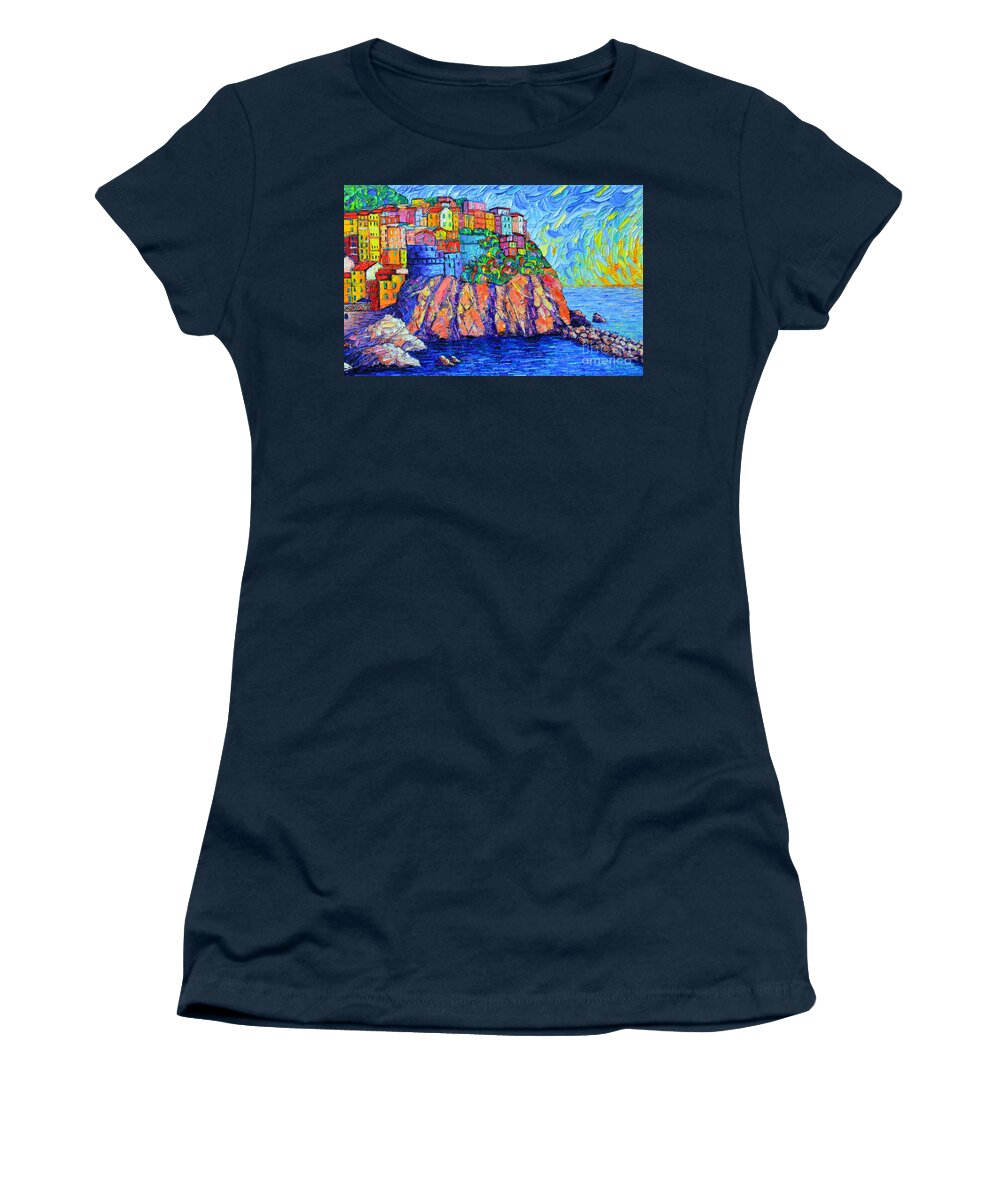 Manarola Women's T-Shirt featuring the painting Manarola Cinque Terre Italy by Ana Maria Edulescu