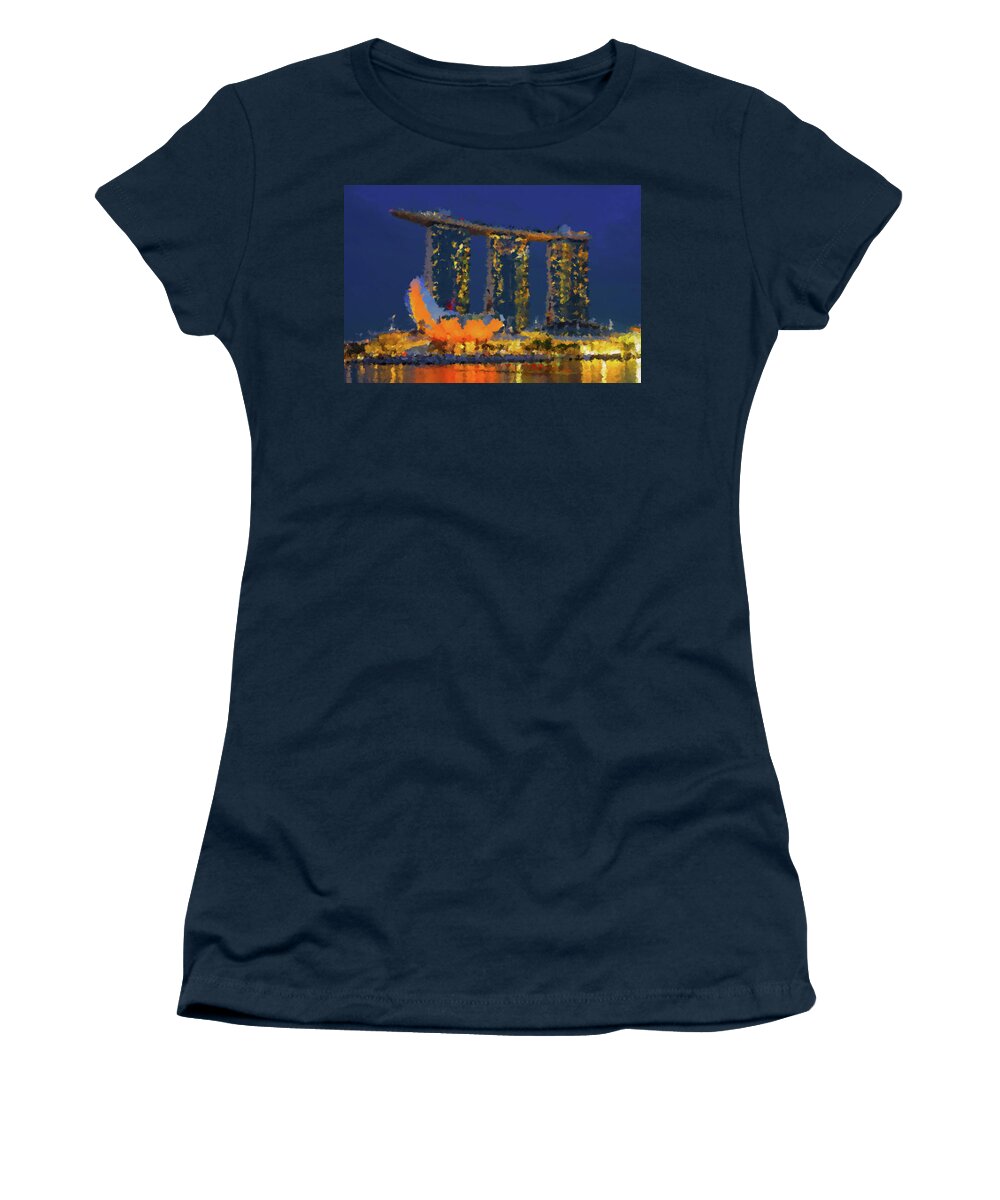 Marina Bay Women's T-Shirt featuring the mixed media Marina Bay Sands by Alex Mir