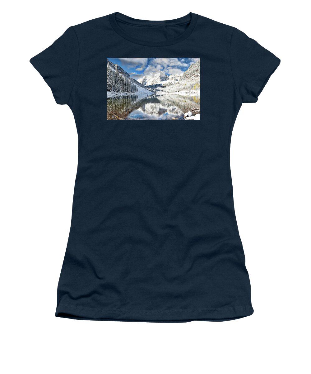 Colorado Women's T-Shirt featuring the photograph Snow covered Maroon Bells in Aspen, Colorado. by Lena Owens - OLena Art Vibrant Palette Knife and Graphic Design