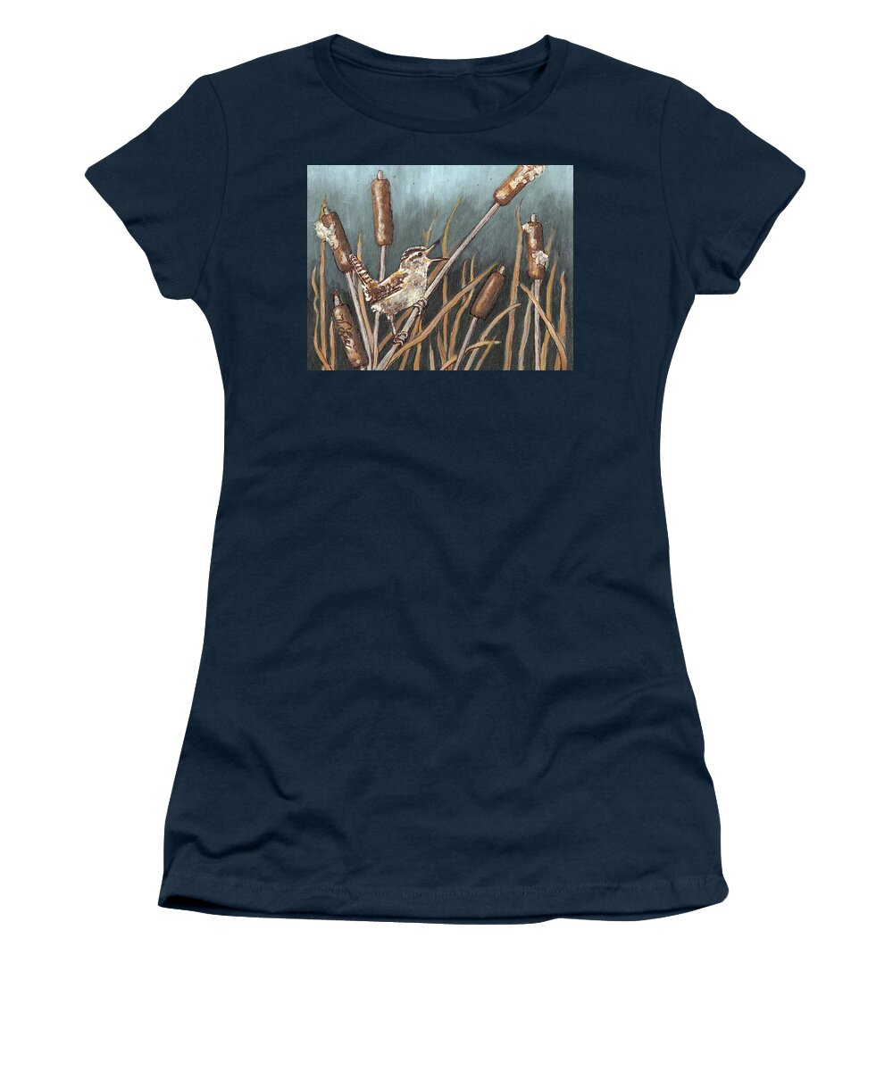 Bird Women's T-Shirt featuring the painting Marsh Wren Singing by VLee Watson