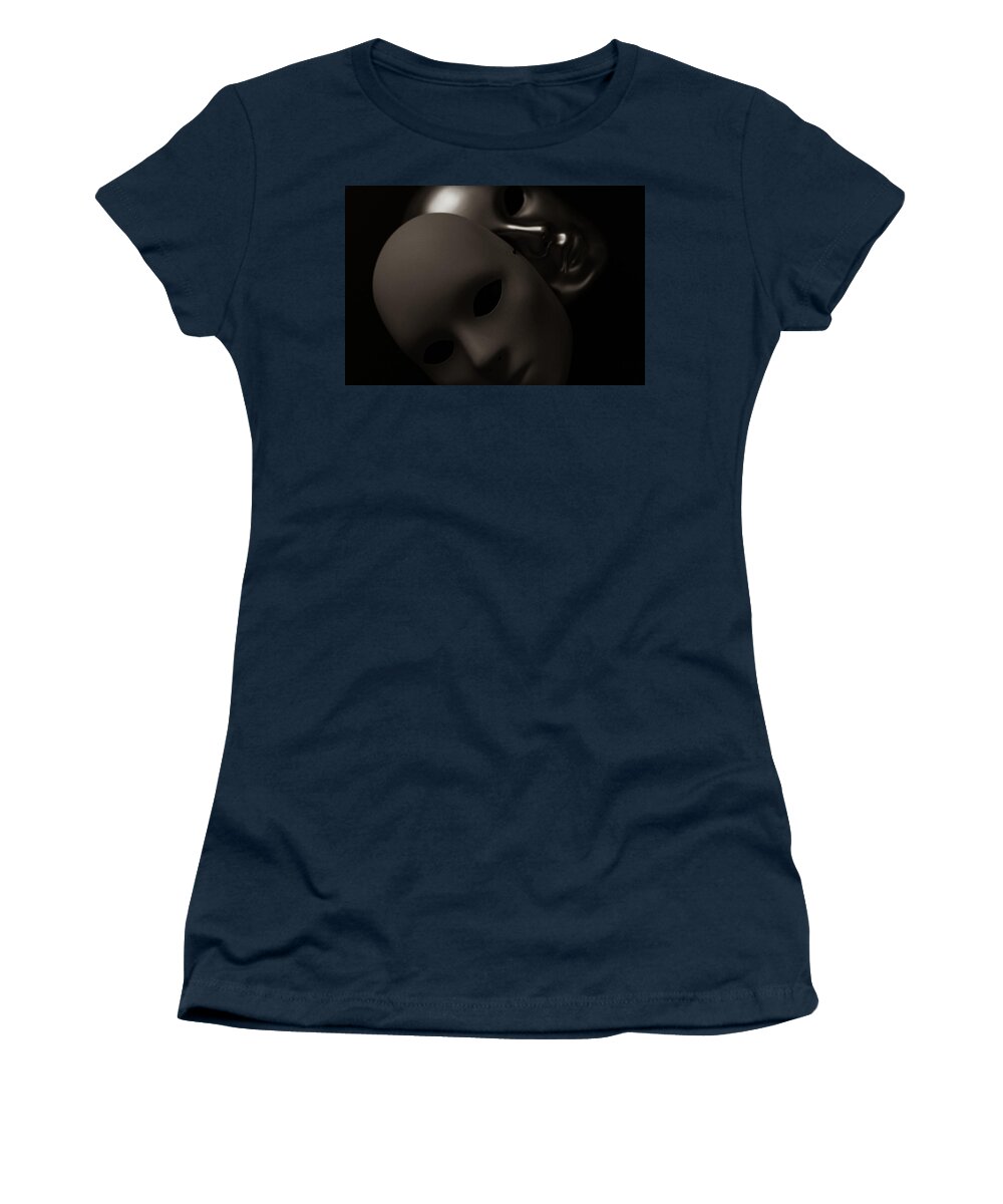 Mask Women's T-Shirt featuring the photograph Masks on Black by Amelia Pearn