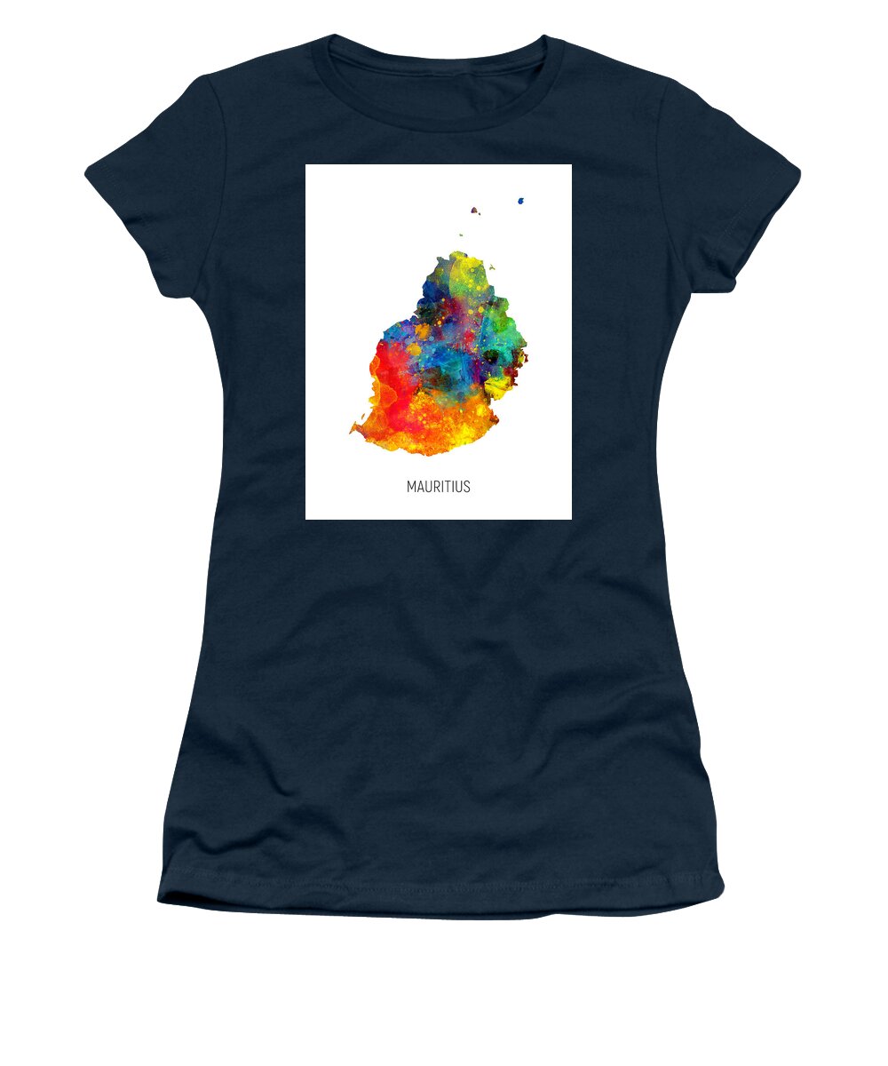 Mauritius Women's T-Shirt featuring the digital art Mauritius Watercolor Map by Michael Tompsett