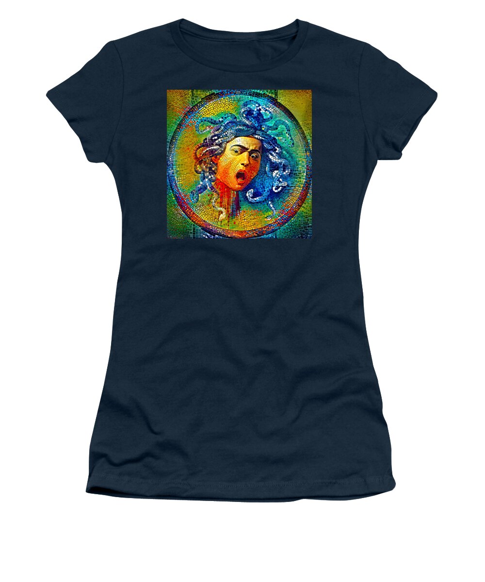 Medusa Women's T-Shirt featuring the digital art Medusa by Caravaggio - colorful mosaic by Nicko Prints
