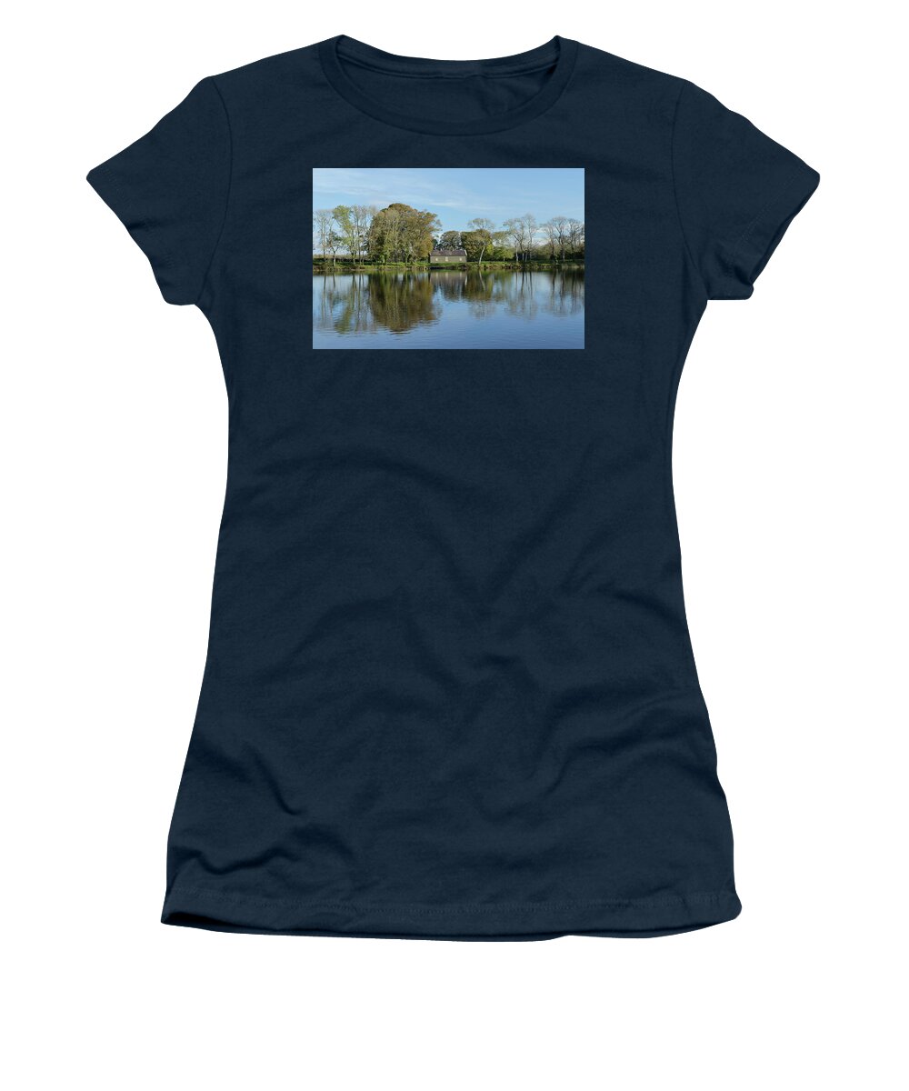 River Shannon Galway Reflections Water Trees Sky Photography Ireland Waterways Women's T-Shirt featuring the photograph Meelick reflections by Peter Skelton
