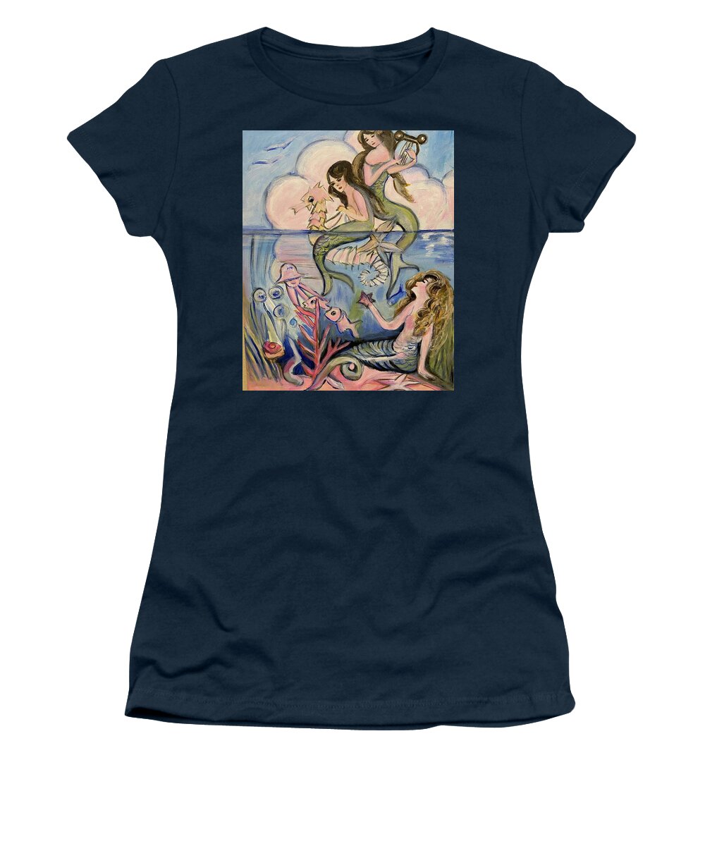 Mermaids Women's T-Shirt featuring the painting Mermaids by Denice Palanuk Wilson