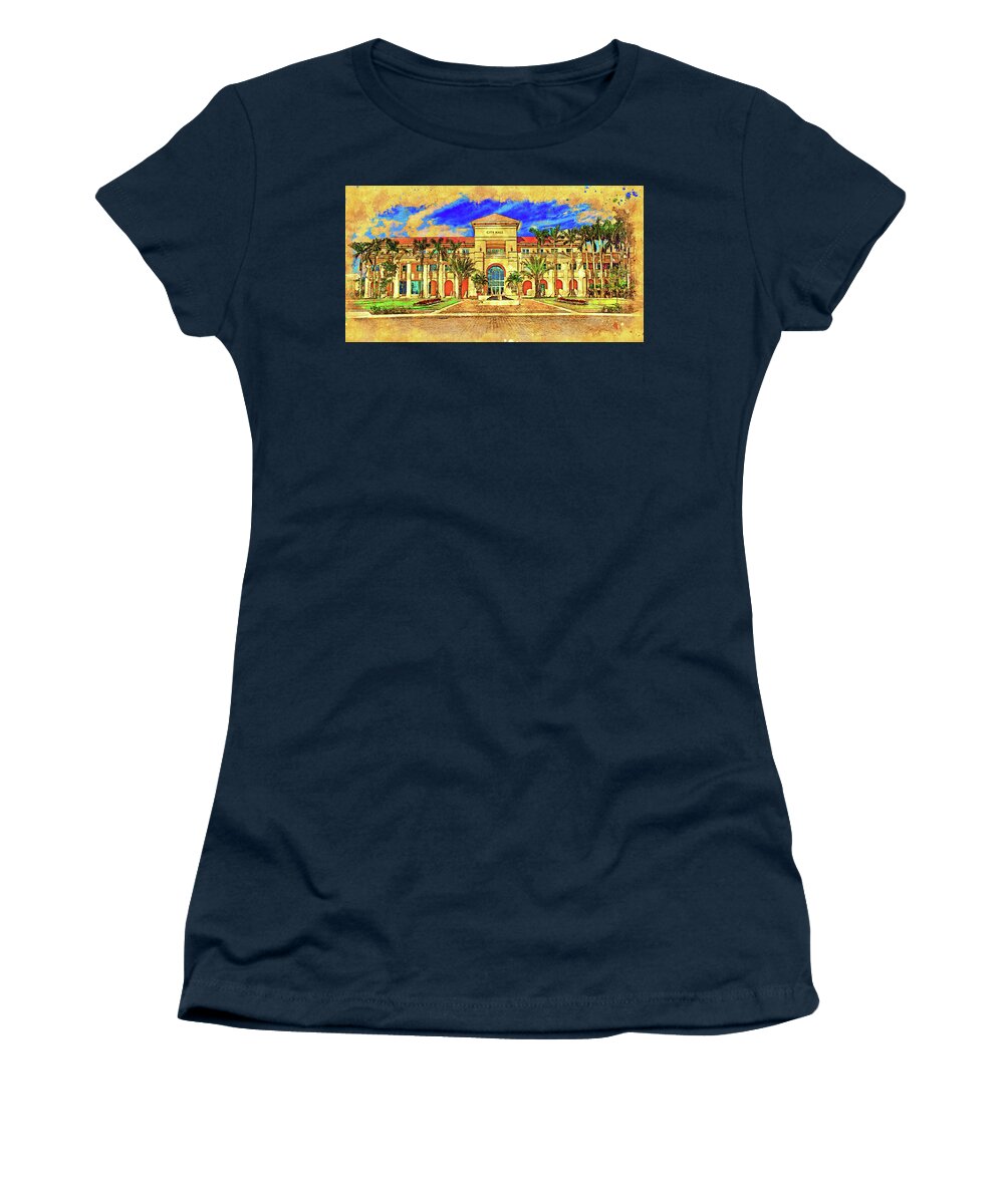 Miramar City Hall Women's T-Shirt featuring the digital art Miramar city hall building - digital painting with a vintage look by Nicko Prints
