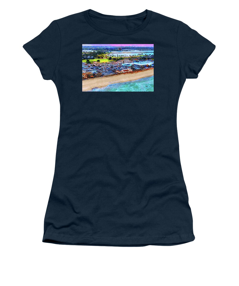 Mission Women's T-Shirt featuring the painting Mission Beach to Downtown San Diego by Russ Harris