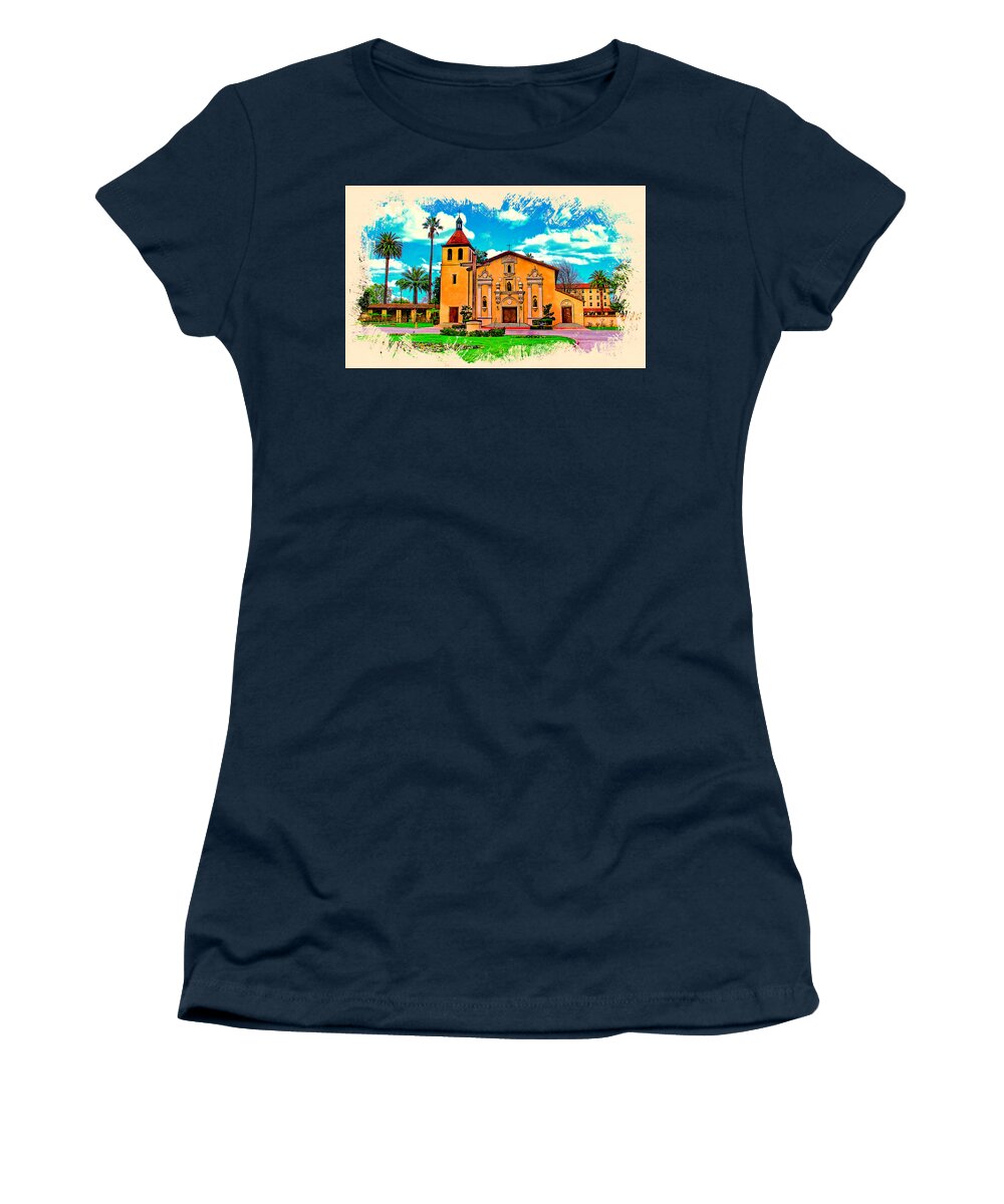 Mission Santa Clara Women's T-Shirt featuring the digital art Mission Santa Clara de Asis, watercolor painting by Nicko Prints