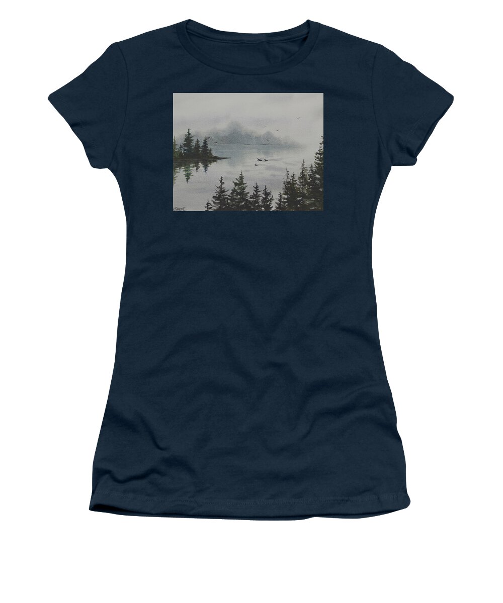 Landscape Women's T-Shirt featuring the painting Misty Morning by Kellie Chasse