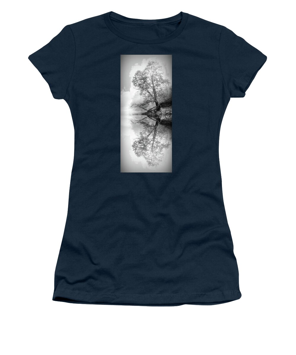 Black Women's T-Shirt featuring the photograph Misty Morning Tree Reflections Black and White by Debra and Dave Vanderlaan