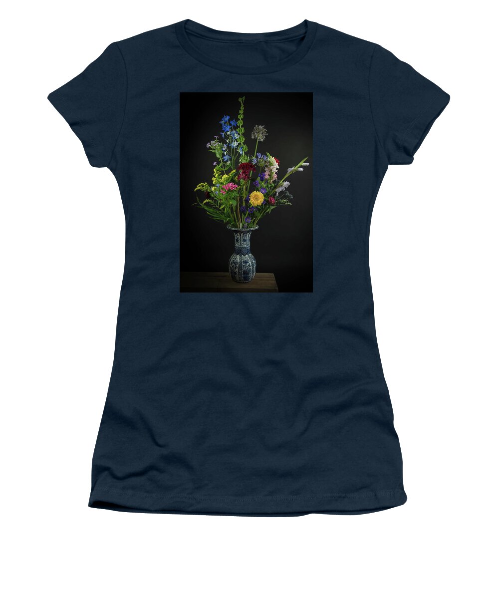 Modern Still Life Women's T-Shirt featuring the photograph Modern still life floral splendor in Delft blue by Marjolein Van Middelkoop