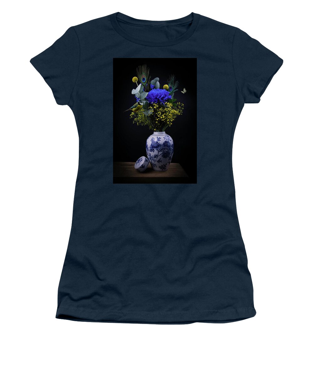 Still Life Women's T-Shirt featuring the digital art Modern still life Royal Dutch blue and Yellow by Marjolein Van Middelkoop