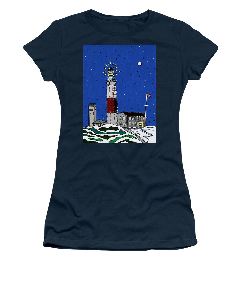 Montauk Lighthouse Christmas Women's T-Shirt featuring the painting Montauk Christmas Lights by Mike Stanko